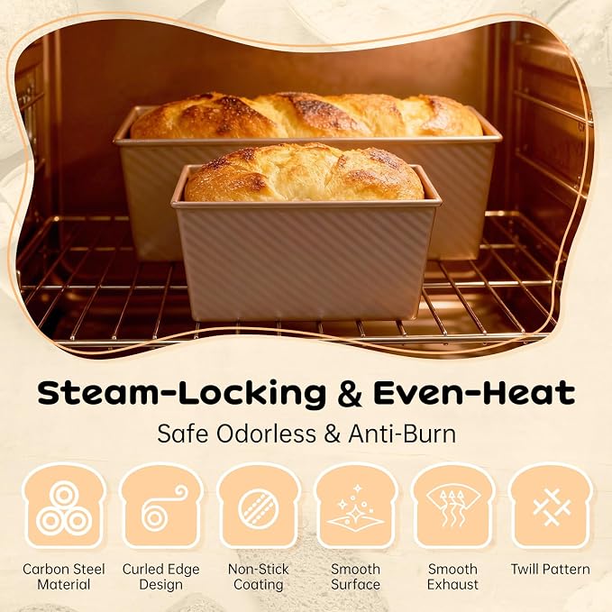 2 Pcs Pullman Loaf Pan with Lid, 2.2LB & 1LB Non-Stick Bread Pan, Carbon Steel Loaf Pans with Silicone Spatula & Oil Brush, Baking Pans Set for Homemade Bread, Square Toast Mold for Sourdough Bakeware