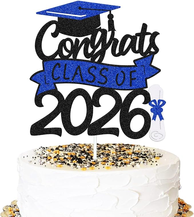 Congrats Class of 2026 Cake Topper Congrats Grad Cap Diploma Theme for High School Happy Graduation Party Supplies College Graduate Decoration (Black and Blue)