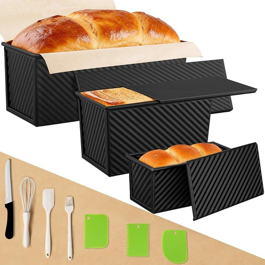 3 Pack Pullman Loaf Pan with Lids, Non-Stick Bread Loaf Pan, Heavy Duty Carbon Steel Corrugated Toast Box for Baking, Square Bread Pans for Homemade Sandwich, Bakeware (Black)