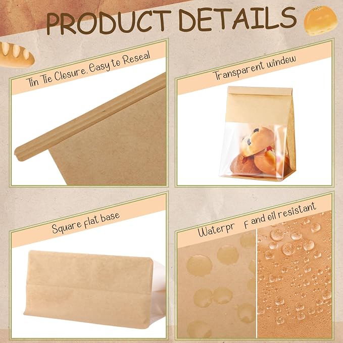 AmazingSpark 100 Pcs Paper Bread Bags with Tin Tie sourdough bread bags Storage Packing Bag with Clear Window for Gifting, Bakery (Brown)