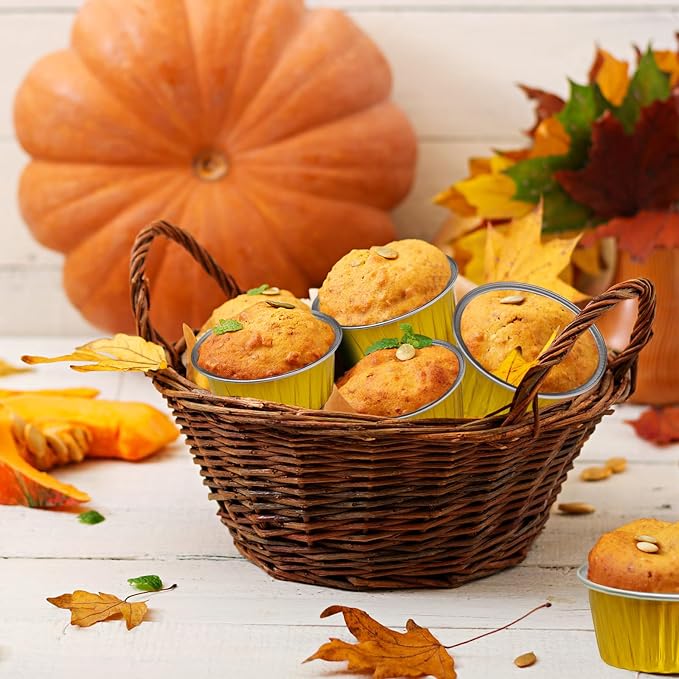 Graduation Party 50Pcs Mini Aluminum Foil Cupcake,5oz Baking Cups with Lids,Mini Cake Pans Disposable,Loaf Pans with Lids,Disposable Ramekins,Tin Cups Containers for Cupcake,Pudding,Muffin (Gold)