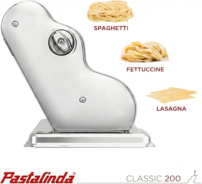 PASTALINDAClassic 200 Pasta Maker Machine, 20 cm Wide Rollers, 9 Thickness Positions, 2 Cutting Positions, Stainless Steel. Includes Reinforced Hand Crank And Two Clamps (Crome)