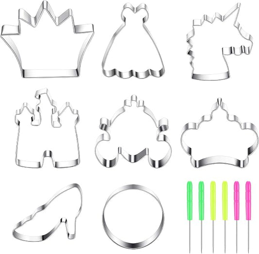 8 Pieces Princess Cookie Cutter Set with Crown, Dress, Castles, Unicorn Head Shapes Stainless Steel Fondant Biscuit Cutters and 6 Pieces Sugar Stirring Pins