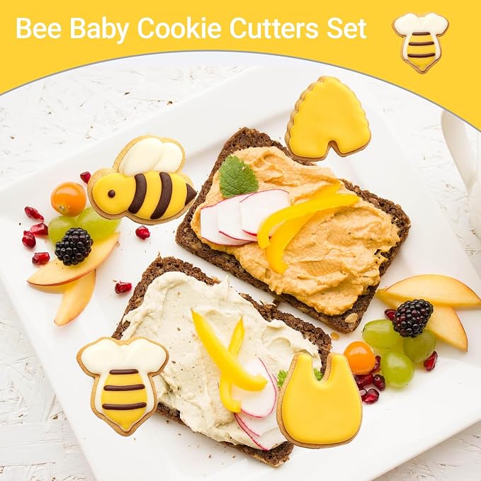 8 Pieces Bee Theme Baby Shower Cookie Cutter Set, Stainless Steel Small Bee Biscuit Cutters Baby Bottle, Bee, Rattle, Bib Fondant Molds Perfect for Baby Shower Bee Birthday Party Baking Supplies