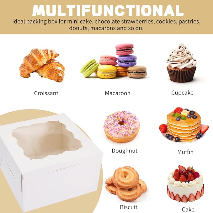 50pcs Cookie Boxes with Window, 6x6x3 Inches White Bakery Boxes, 60 Pcs Stickers,for Small Cookies, Treats, Candy, Desserts, Chocolate Covered Strawberries,Mini Cake Boxes