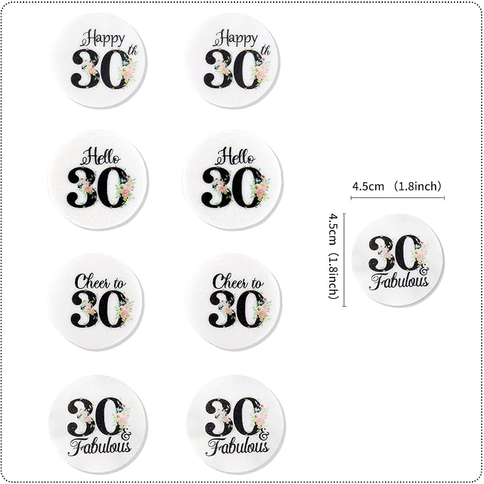 40Pcs Edible Circle Happy 30th Birthday Cupcake Toppers Edible Floral Hello 30 Fabulous Cheers to 30 Cupcake Picks Drink Toppers for Funny Female Floral 30th Birthday Party Decorations