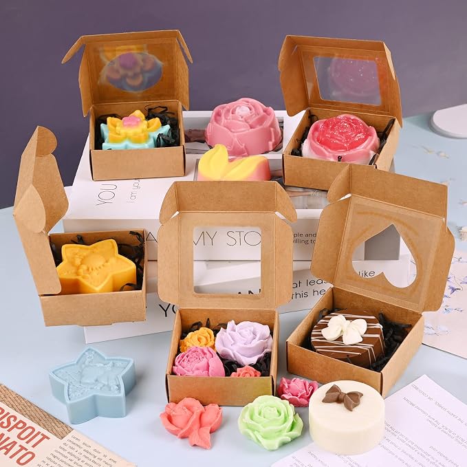 Moukiween 30 PCS Brown Soap Boxes for Homemade Soap, 2.95 X 2.95X 1.18 Inch Packaging Gift Boxes with Window, Small Square Soap Wrapping Boxes (Brown)