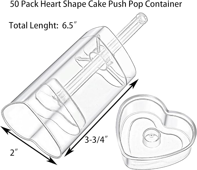 Jucoan 50 Pack Push Cake up Pop Containers, Heart Shape Plastic Cake Pop Shooter, Jelly Ice Cream Cupcake Push up Pop Containers with Lids for Wedding Birthday Baby Shower 4th of July Party