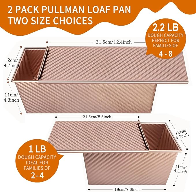 AXIM Pullman Loaf Pans with Lids – 2.2 LB & 1 LB Dough Capacity,Carbon Steel Bread Tins,Loaf Tin for Baking Homemade Sandwich and Sourdough Bread