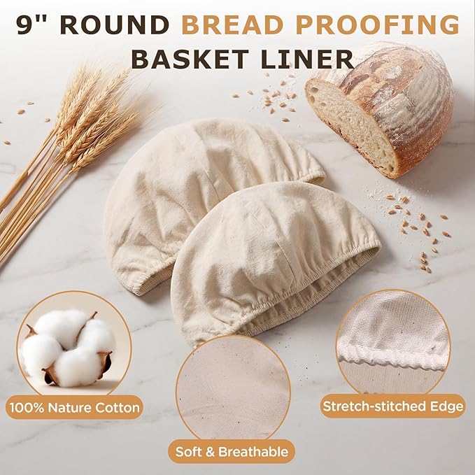 Koackl Bread Proofing Cover - 6 Pack Basket Linen Cloths, Reusable Cotton Bread Proofing Liners for Sourdough Baking, 9" Compatible with Round Banneton Baskets