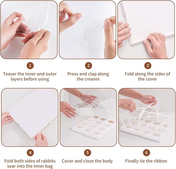 6Pcs Clear Cupcake Boxes,12 Count Cupcake Containers with Gift Ribbon,Plastic Cupcake Carrier Holder for Dessert Cookies Muffins Pastry(White/clear, 12 Count/6ps)