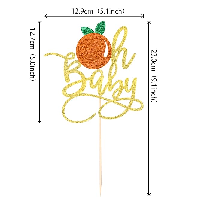 1 PCS Gold Oh Baby Cake Topper with Glitte Orange Little Cutie Cake Pick for Fruit Citrus Theme Gender Reveal Baby Shower Kids Birthday Party Decorations Supplies