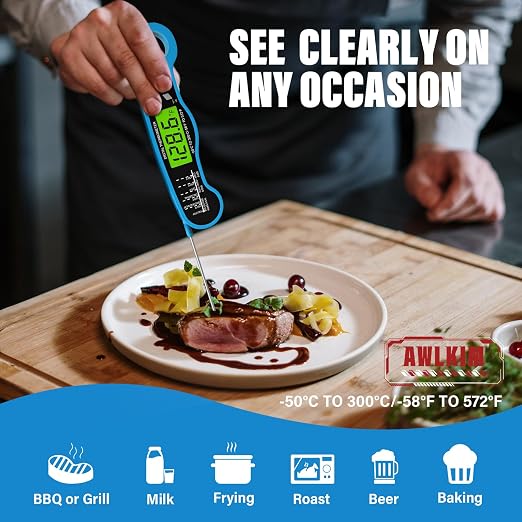 AWLKIM Digital Meat Thermometer, Instant Read Thermometer, Blue | Grill, BBQ, candy and baking thermometer with backlit display, foldable probe and magnetic storage.