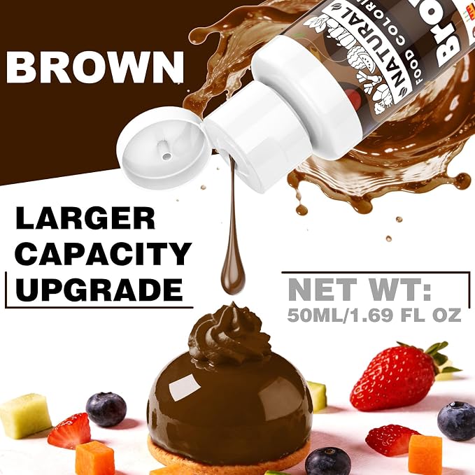 Brown Natural Food Coloring - 50ml Plant Based Food Dye, No FD&C & Artificial Dyes, Gluten-Free, Food-Grade, Vibrant Liquid Colors for Icing, Baking, Cake Decorating, Frosting, Fondant, Slime - 1.69 Fl.Oz Bottles