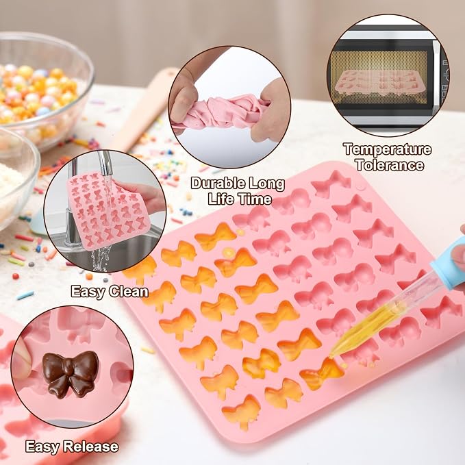 Palksky Bow Chocolate Mold Silicone, 4PCS 36 Cavities Bow Fondant Molds, Gummy Candy Molds for Gummies Cookies Fruit Snacks Cupcake Decor with 2 Droppers, Non-Stick For DIY Homemade Treats