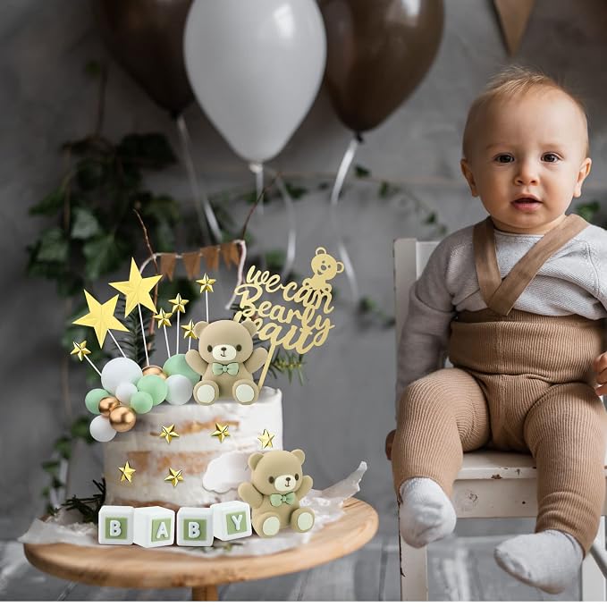 Yinder Bear Cake Toppers Mini Bear Cake Decorations Cake Toppers Gold White Pearl Ball for Birthday Party Decorations(Green, Brown,Cute Style)