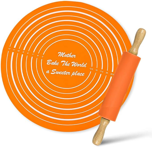 Silicone Rolling Pin Backing Mat Set, 13" Dough Roller with Non Stick Pastry Sheet, Small Fondant Roller Round Kneading Mat for Bread Cookie Pie Pizza Sourdough Kitchen (Orange)