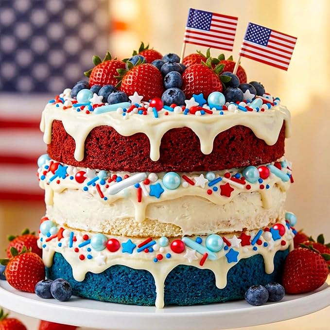 Edible Patriotic Sprinkles, 4th of July, 130g/4.59oz, Red White and Blue Sprinkles for Cake Decorating, Cake Decorations, Cupcake Toppers (Stars/Jimmies/Nonpareils）