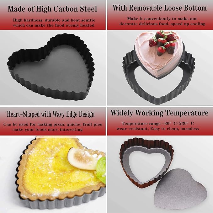 Mini Tart Pan, 6 PCS 4-inch Heart-Shaped Quiche Pans, With a Removable Bottom Pie Pan, Used For Desserts, Cake Baking, Black