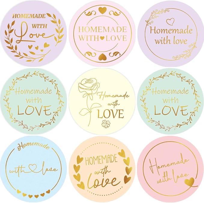 WorldBazaar Homemade with Love Stickers 500pcs Gold Foil Homemade Baked with Love Sticker for Baking Store Small Business Present Labels Wedding Birthday Christmas Party Supplies