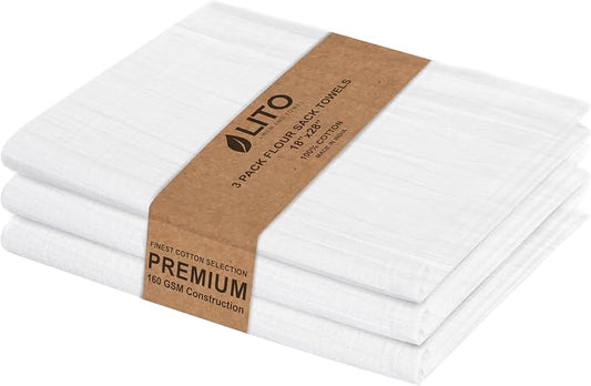 LITO LINEN AND TOWEL Flour Sack Tea Towels for Kitchen, 100% Cotton White Tea Towel & Dish Towels for Embroidery, Crafts, Cleaning & Baking, 18 x 28 Inch, Pack of 3