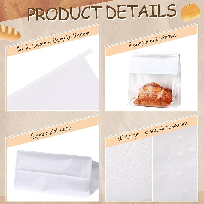 AmazingSpark 50 Pcs Paper Bread Bags with Tin Tie sourdough bread bags Storage Packing Bag with Clear Window for Gifting, Bakery (White)