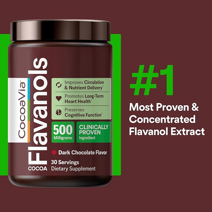 CocoaVia Cocoa Flavanols 500mg – Heart and Brain Support, High Flavanol Cocoa Extract, Boosts Nitric Oxide, Blood Circulation and Memory, Preworkout, Vegan, Gluten-Free, Dark Chocolate, 30-Day