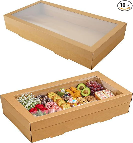 10 Pack Large Bakery Boxes with Window, 22x9.8x3.15 Inch Cookie Boxes, Cardboard Pastry Boxes, Brown Treat Box for Gift Giving, Baking Pies, Cakes, Muffins and Desserts (XL)