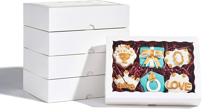 4PCS 10 x 7 x 2.5 inches Elegant Cookies Boxes, Strawberries Boxes with Display Window, White Paper Box