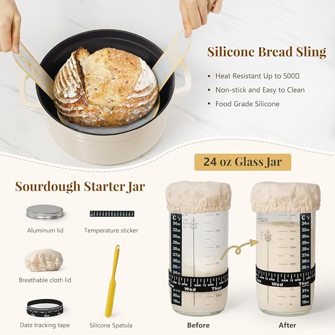 BAVIFY Sourdough Starter Kit, Banneton Bread Proofing Baskets Set, Sourdough Bread Baking Supplies Making Tools with Dough Scraper, Whisk, Bread Lame, Recipe, 1 Round 1 Oval 1 Jar Gift Set