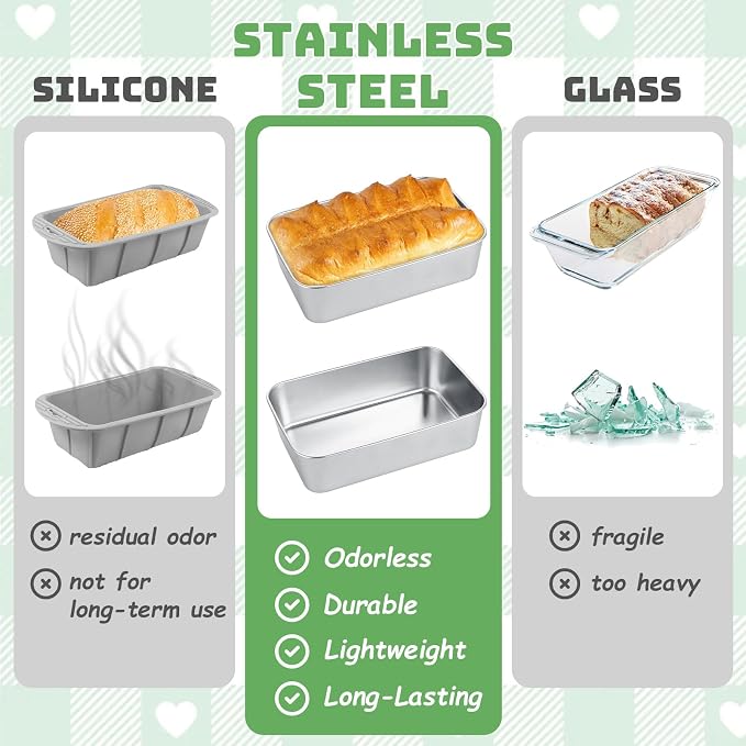 AKOLAFE 4 Pack Stainless Steel Loaf Pan 9 x 5.9 Inch Banana Bread Pan for Homemade Bread Loaf Pans for Baking Bread Tin Sourdough Bread Baking Pan Metal Sandwich Loaf Bread Pans for Meatloaf, Cake