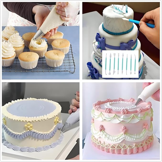 Cake Decorating Kit, 390 Pcs Baking Supplies (Green) | Cake Turntable, Leveler, 55 Numbered Icing+Skirt Tips, 2 Spatulas, 3 Scrapers, 100 Pastry Bags,150 Cupcake Liners & More