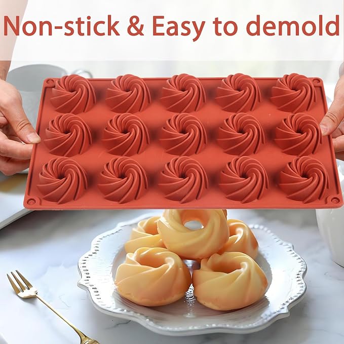 Silicone Swirl Donut Mold, 15-Cavity Mini Spiral Cake Pan, 11.5 x 6.6 inches, 2-Pack, Terra Cotta