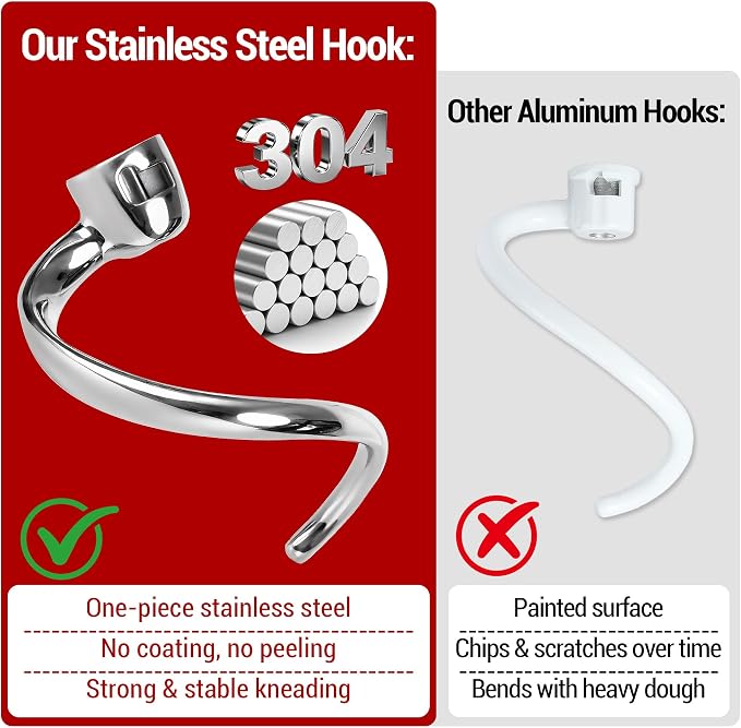 Stainless Steel Spiral Dough Hook for KitchenAid 4.5QT & 5QT Tilt-Head Stand Mixer, Efficient Dough Hook Attachment for Bread, Pizza & Pasta, Dishwasher Safe