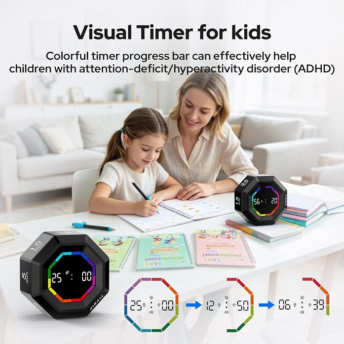 Visual Timer for Kids Kitchen Timer Pomodoro Magnetic Visual Countdown | Smart Gravity Sensing Timer with Large Display Loud Alarm for Study Cooking Classroom Homework Time Management