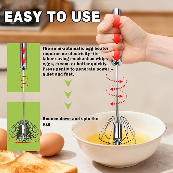 Semi-automatic Whisk, Stainless Steel Egg Whisk, Hand Mixer Egg Beater, Egg Spinner, Wisking Tool, Hand Push Mixer Stirrer for Blending, Whisking, Beating & Stirring (12in)