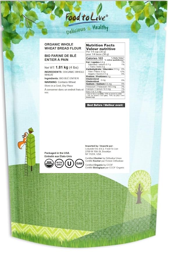 Food to Live Organic Whole Wheat Bread Flour, 4 Pounds Whole Grain, Stone Ground, Unbleached, Non-GMO, Kosher, Unbromated, Raw, Vegan, Bulk, Product of the USA