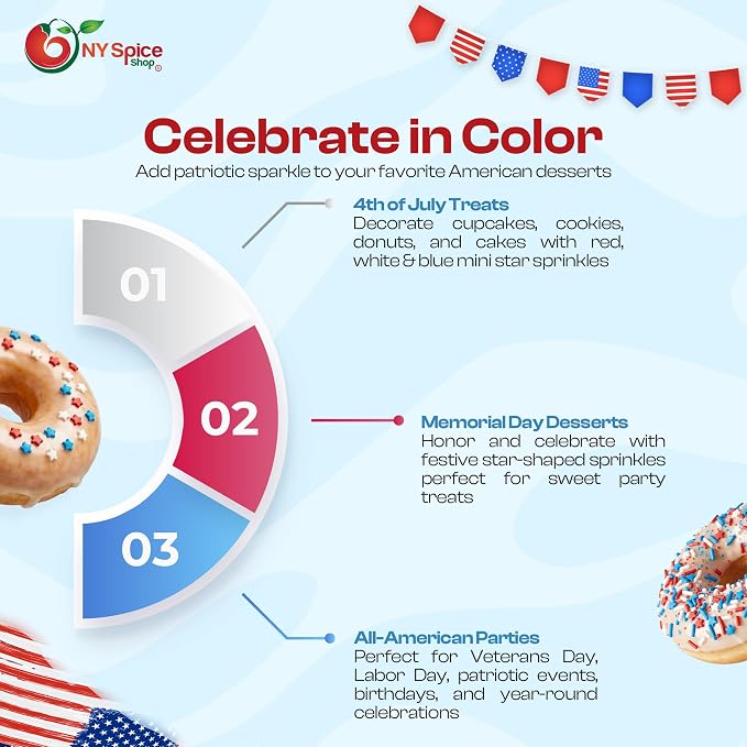 NY Spice Shop Red White & Blue Star Sprinkles - 3 Ounce Patriotic Sprinkles