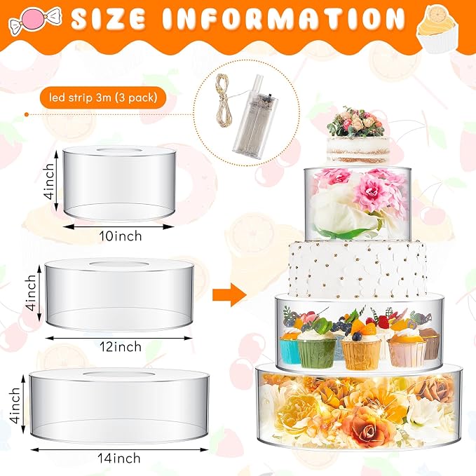 Sintuff 3 Pcs Acrylic Cake Stand with LED Lights 10'', 12'', 14'' Clear Fillable Cake Riser Round 3 Tier Case Box for Wedding Birthday Holiday Party Food Display, 3 Sizes