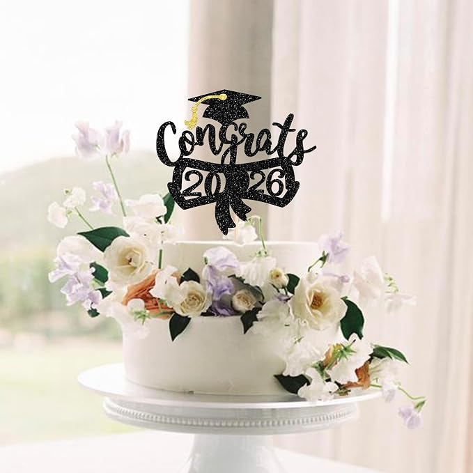 1 Pack Congrats 2026 Cake Topper Glitter Diploma Graduation Cap Cake Pick Contrats Class of 2026 Cake Decorations for 2026 Graduation Theme High School Boys Girls Graduate Party Black
