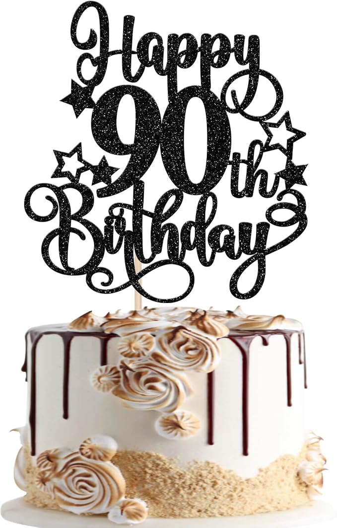 1 PCS Happy 90th Birthday Cake Topper Glitter Cheers to 90 Years Birthday Cake Pick Hello 90 Fabulous Cake Decoration for Happy 90th Birthday Anniversary Party Decorations Supplies Black