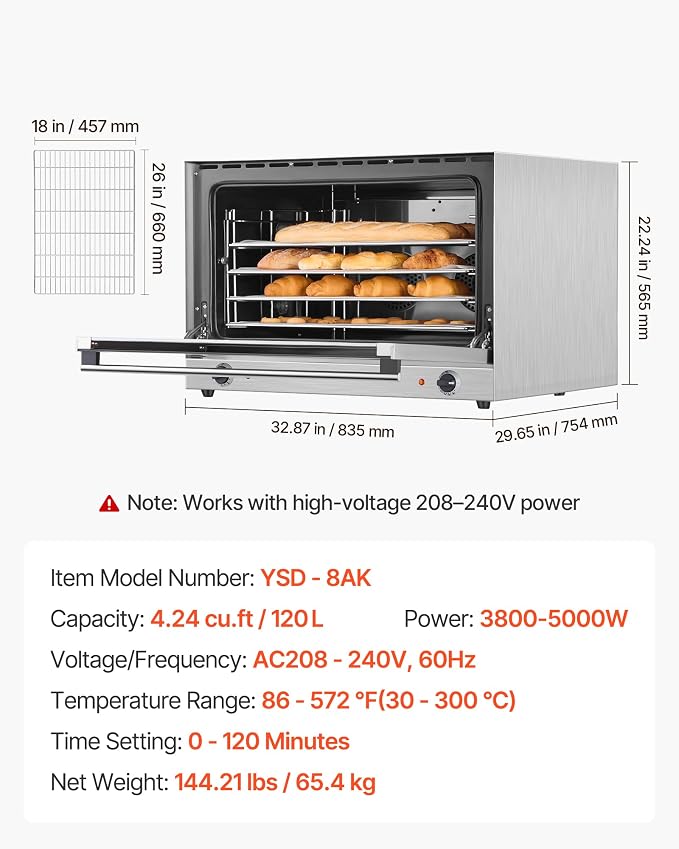 VEVOR Commercial Convection Oven, 4.24 cu.ft Countertop Oven for Full-Size Pans, Electric Convection Ovens with 4 Racks, 360° Hot Air Circulation, for Bakery, Restaurant & Pizza Shop (208-240V 5000W)