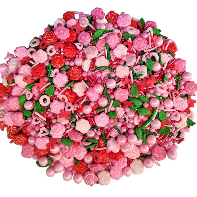 Valentines Rose Hearts Sprinkles Red Pink and Green Sprinkle Cupcake Cake Toppers Edible Cake Decorations