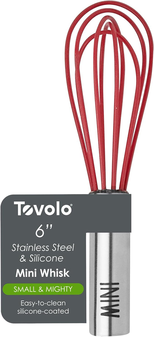 Tovolo Mini Whisk Stainless Steel 6 Inch Tiny Whipper Silicone Whisker for Cooking Blending Mixing Stirring Whisking Egg Beating, Easy Clean Dishwasher Safe Small Kitchen Mini Metal Whisk, Cayenne Red