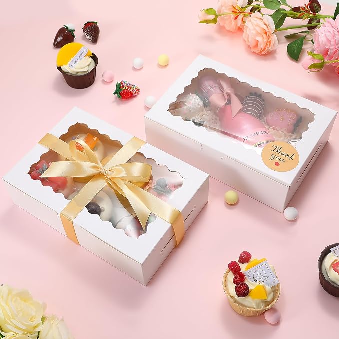 36 Pack Cookie boxes with Window,9x6x2.5 Inch Large Bakery Boxes with Ribbon and Sticks for Chocolate Covered Strawberries Muffins Donuts Pastry Dessert