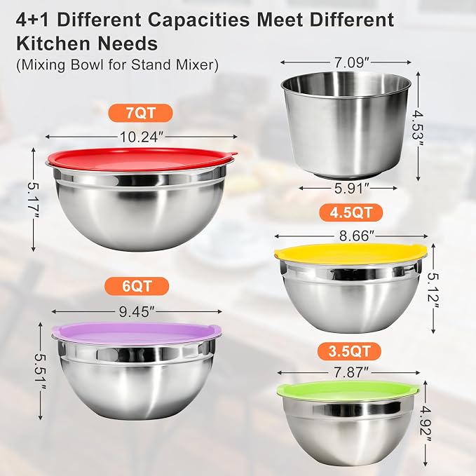 7-Speed Electric Hand&Stand Mixer with 26PCS Stainless Steel Mixing Bowls,Lids & Grater Attachments –7, 6, 4.5, 3.5, 2QT Nesting Bowls Set for Cake Baking,Cooking & Serving