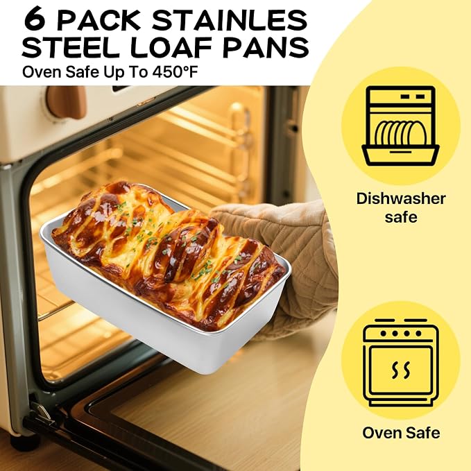 6 Pack Loaf Pan for Baking Bread, 304 Stainless Steel Bread Loaf Pan Meatloaf Pan for Homemade, Banana, Lasagna Cake, Brownies, Lasagnas, Oven & Dishwasher Safe