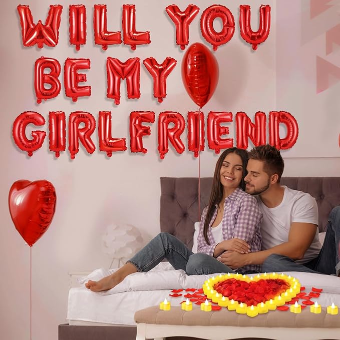 Will You Be My Girlfriend Balloon Proposal Decor 24 LED Flameless Tealight Heart Candle 2000 Artificial Rose Petals Love Balloon for Engagement Wedding Decor Romantic Special Night(White)