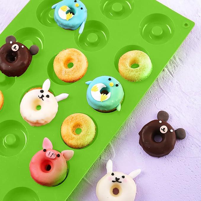 2er Pack Silicone Donut Mold - Non-Stick Silicone Doughnut Pan DIY Chocolate Baking Cookie Molds, Heat Resistant, Make Donut Cake Biscuit Bagels, BPA Free Dishwasher Safe (green, 18 Cavities)