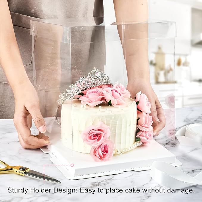 Ocmoiy 8x8x9Inch Clear Cake Box, 5 Pcs Cake Boxes with Ribbon Suitable for Packaging 6 Inch Cake, Disposable Cake Holder Carrier for Wedding, Birthday, Party